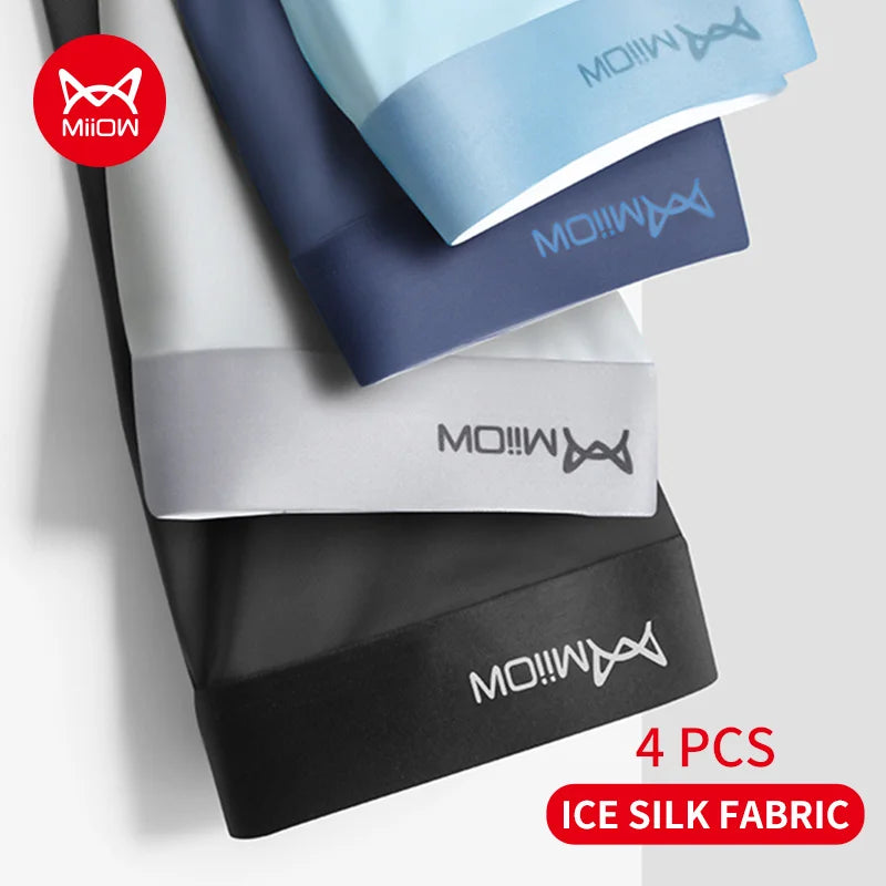 MiiOW 4Pcs Men Boxer Shorts Graphene Antibacterial Ice Silk Men Underwear Man Underpants Seamless Breathable Mens Panties L-5XL