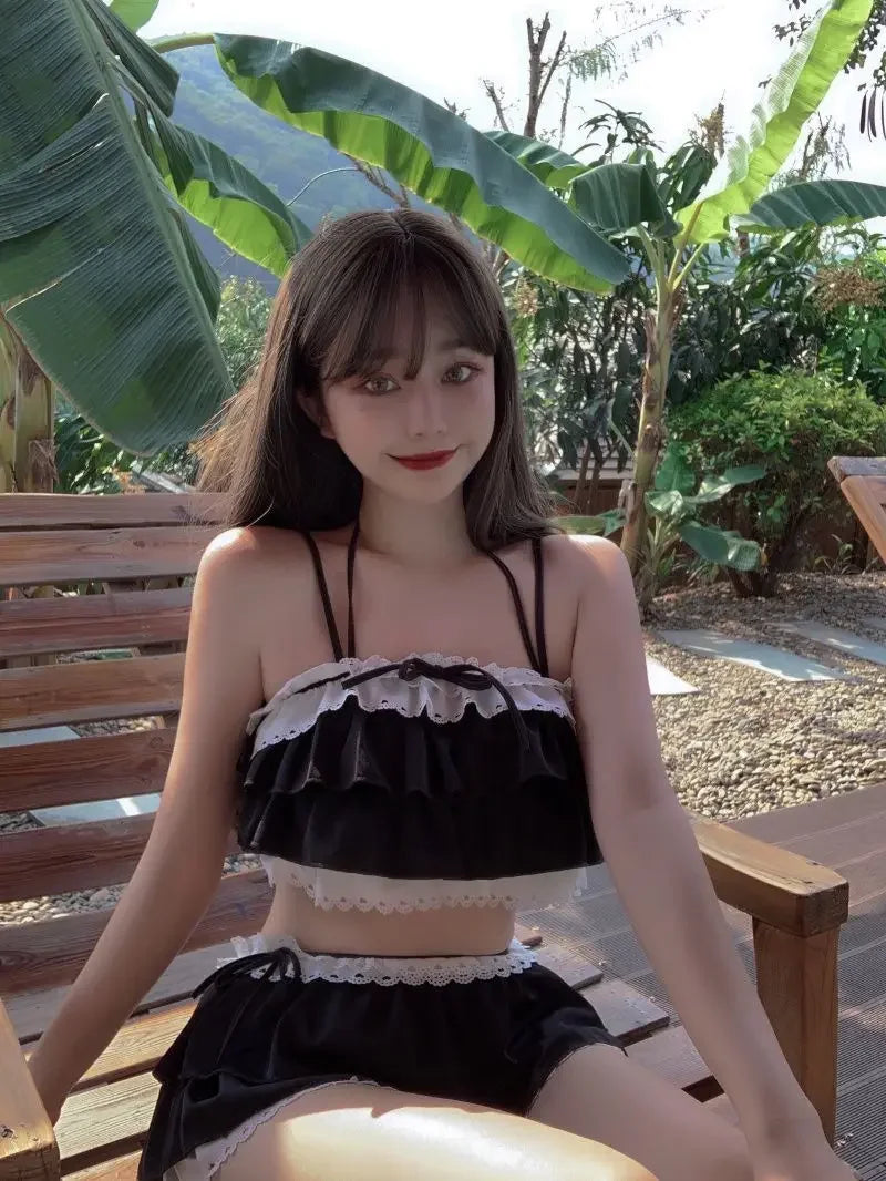Bikini Sets Women Kawaii Girlish Leisure Beachwear Patchwork Sexy Ruffles Japan Style Summer Students Young Stylish Chic Mujer