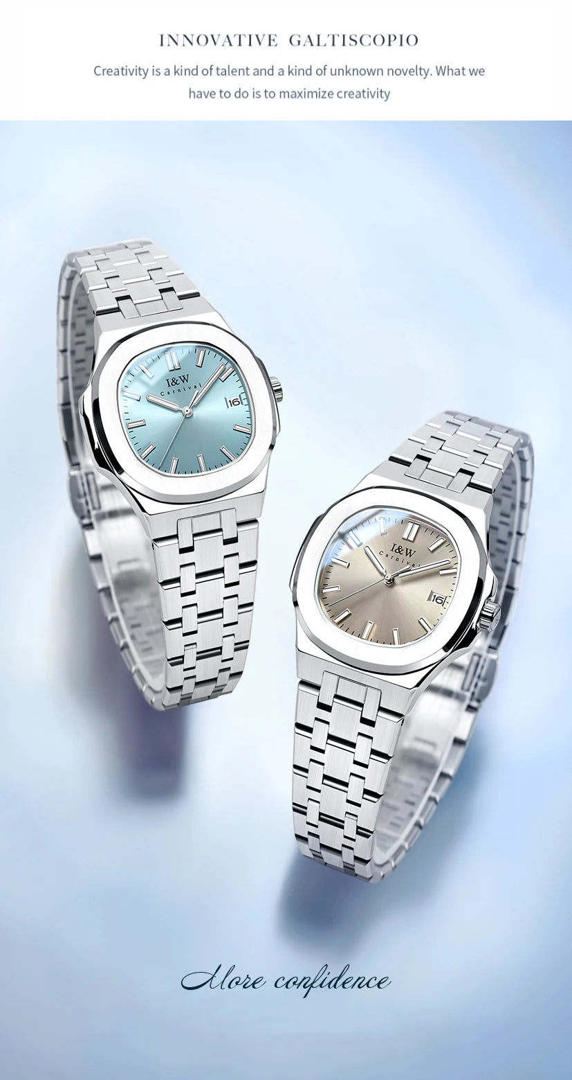 I&W Simple Quartz Watch for Women 2024 New Design Ladies Watches Sapphire Calendar Full Steel Bracelet Waterproof Montres Femmes