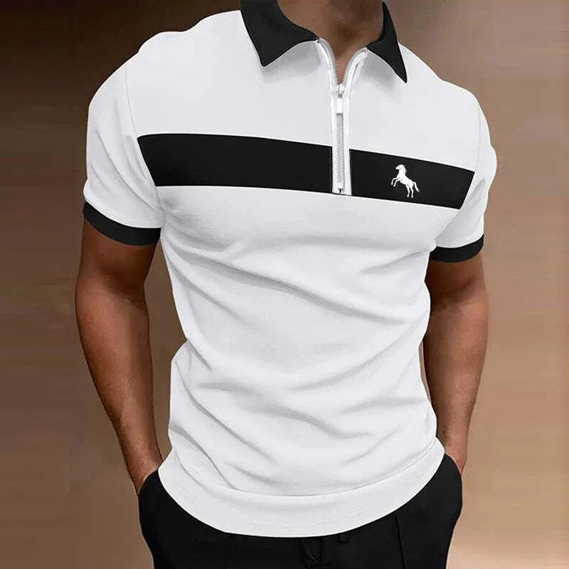 Men Clothes Summer Fashion Spell Color Zipper Polo Shirt .