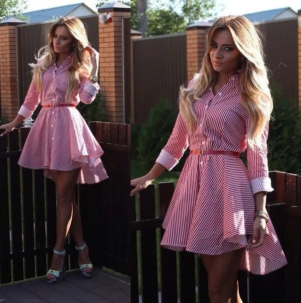 AliExpress European and American women's clothing popular long-sleeved women's clothing striped shirt dress single-breasted belt
