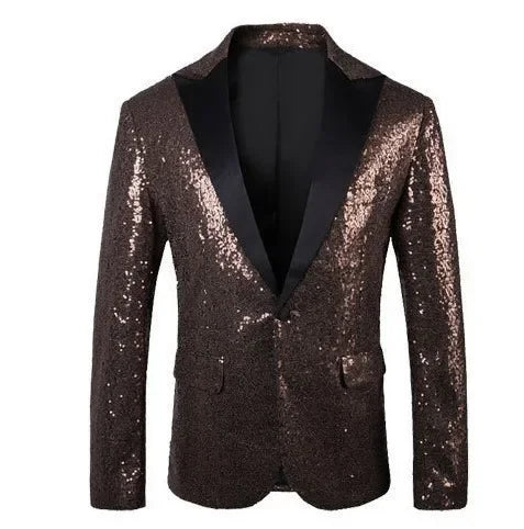 Nightclub Men's Clothing Long Sleeve Sequined Blazer Jacket Single Button Solid Color