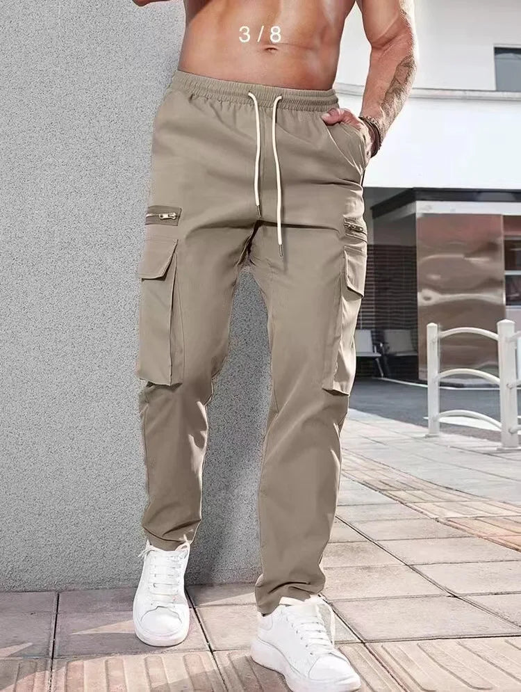 Jogger Casual Sports Zipper Decorated Cargo Pants Waist Pull Rope Men's Plus-size Braided Solid Color Zipper Cargo Pants