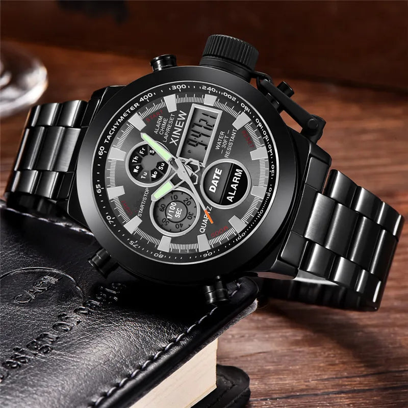 Montre Homme Men Original XINEW Brand Watches Fashion Casual Alloy Band Dual Time Electronic Watch Black Relogio Masculino 2024