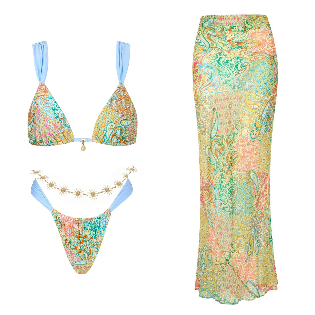Bikini Swimsuit with Skirt Print Swimwear Women Brazilian Bikini 3 Pics Bathing Suit A Line Skirt Summer Female