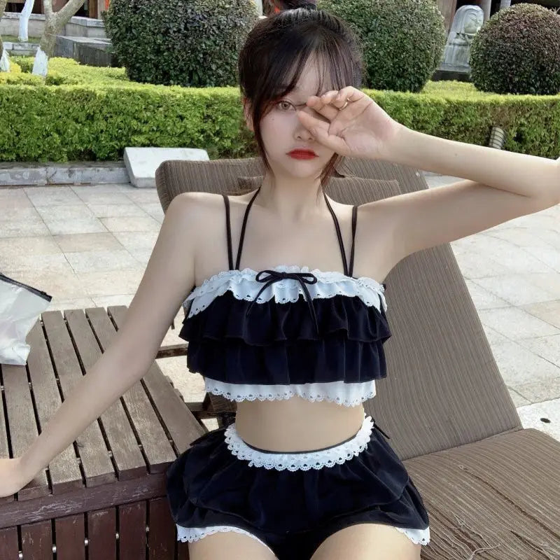 Bikini Sets Women Kawaii Girlish Leisure Beachwear Patchwork Sexy Ruffles Japan Style Summer Students Young Stylish Chic Mujer
