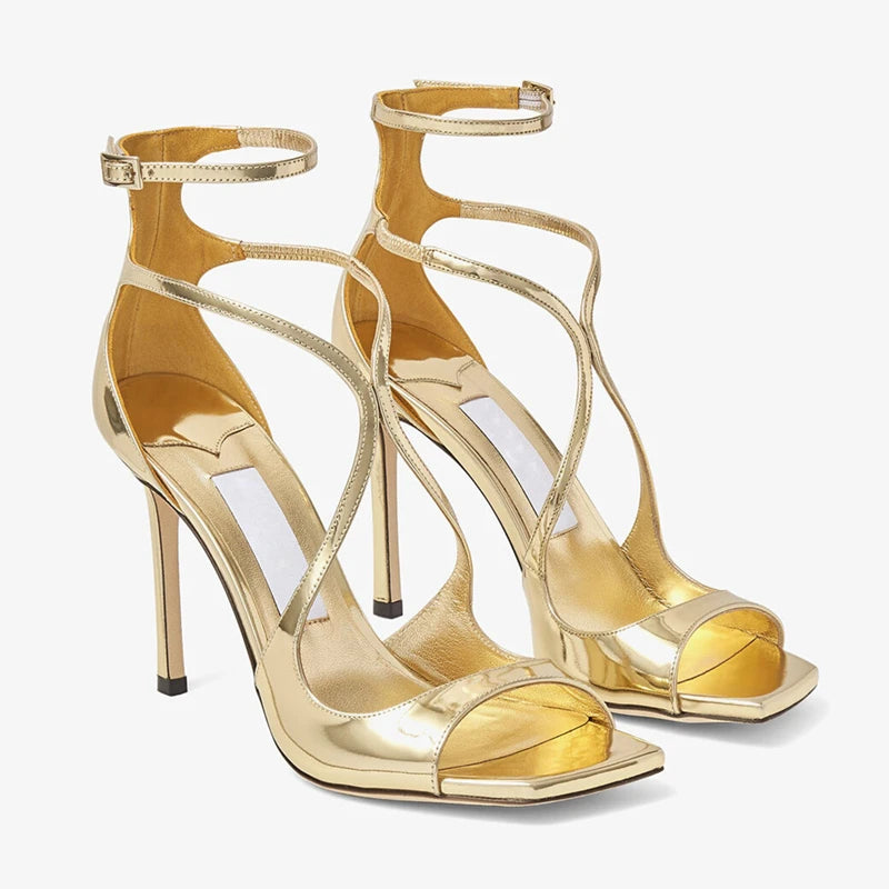 Patent Leather Solid Color Square Toe Thin Heels Hollow Ankle Strap Sandals Super High Heel Open Toe Outdoor Casual Women Sandal