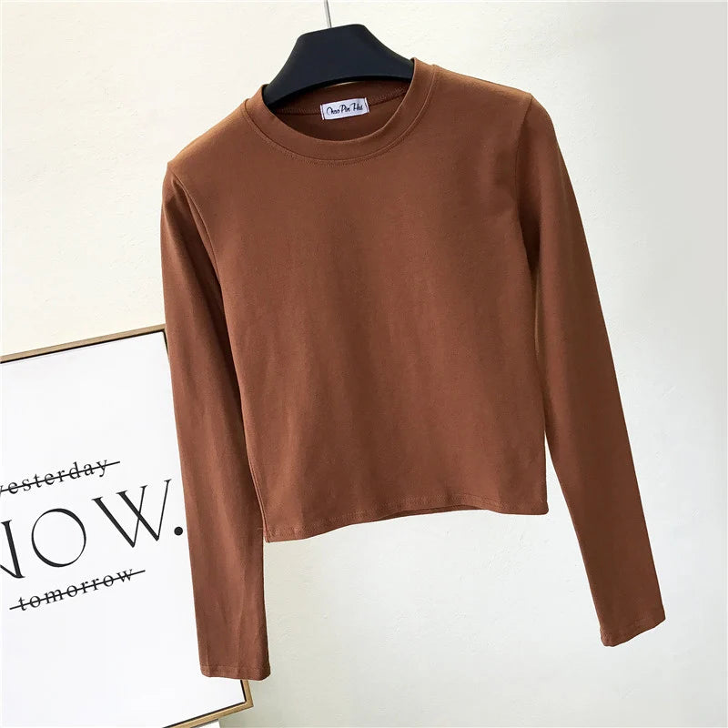 Sexy Black  Women's Clothing O-Neck Long Sleeve Navel Autumn Base Women's Clothing Fashion Casual Ropa Mujer