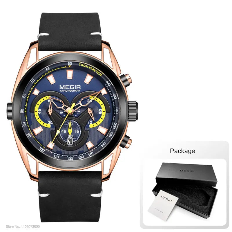 MEGIR Watch for Men Leather Strap Chronograph Quartz Watches Waterproof Luminous Wrist Watch Man Relogios Masculino Reloj Montre