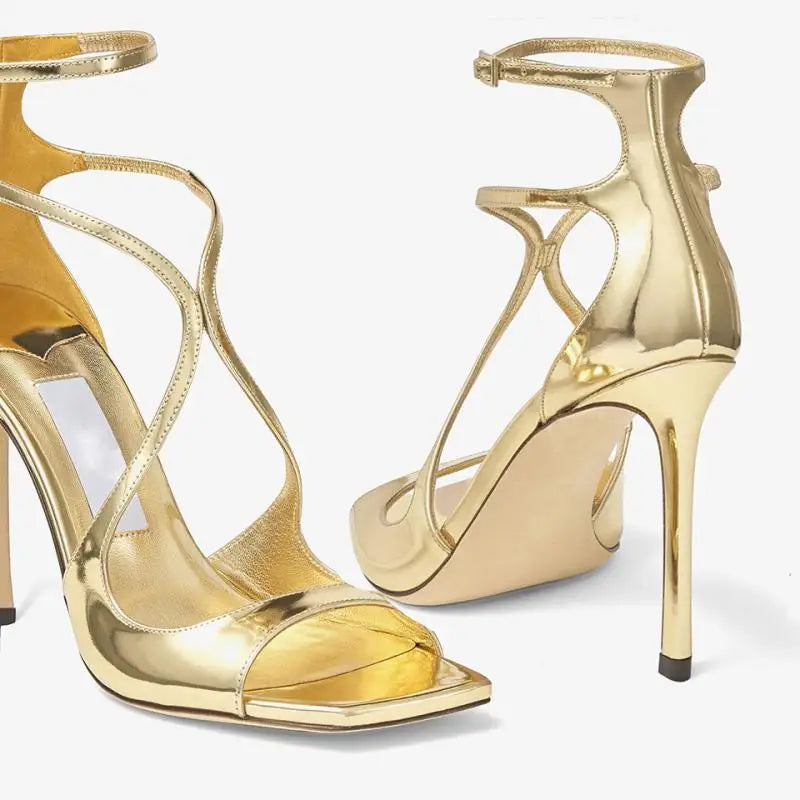 Patent Leather Solid Color Square Toe Thin Heels Hollow Ankle Strap Sandals Super High Heel Open Toe Outdoor Casual Women Sandal
