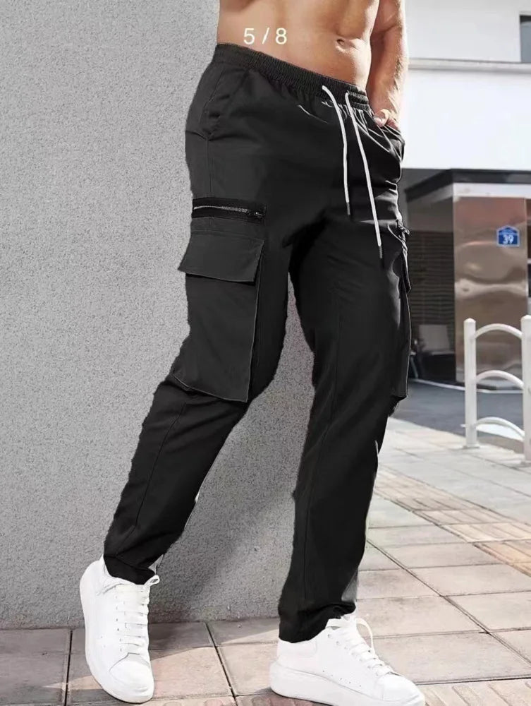 Jogger Casual Sports Zipper Decorated Cargo Pants Waist Pull Rope Men's Plus-size Braided Solid Color Zipper Cargo Pants