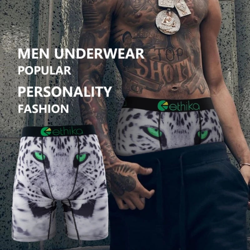 ETHIKA 1Pcs Men Underwear Boxers Breathable Mesh Crotch Man Underpants Mens Panties Plus Size Printed Men's Boxershorts Trunks