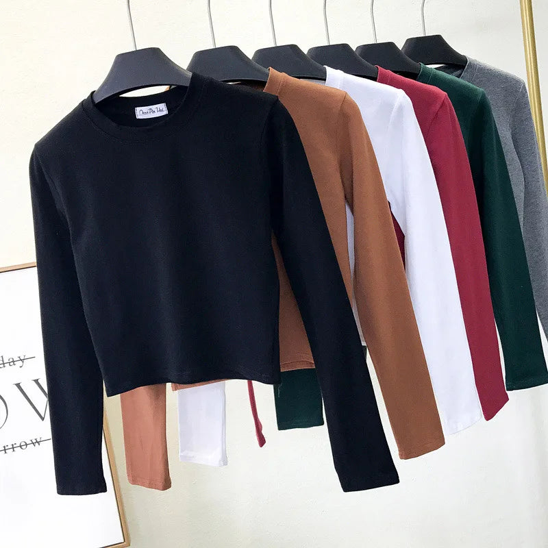 Sexy Black  Women's Clothing O-Neck Long Sleeve Navel Autumn Base Women's Clothing Fashion Casual Ropa Mujer
