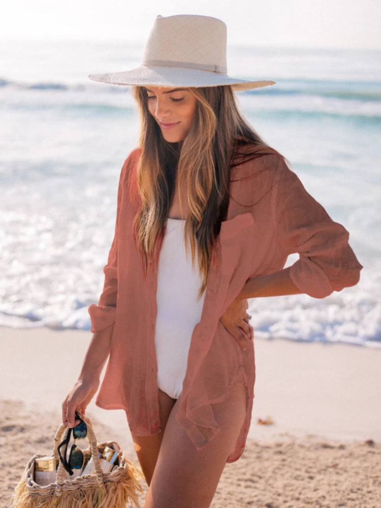 Bikini Cover Up Women Beach Shirts Candy Colors Swimsuit Cape 2024 New Summer Long Sleeve Tunic Swimwear Outfits