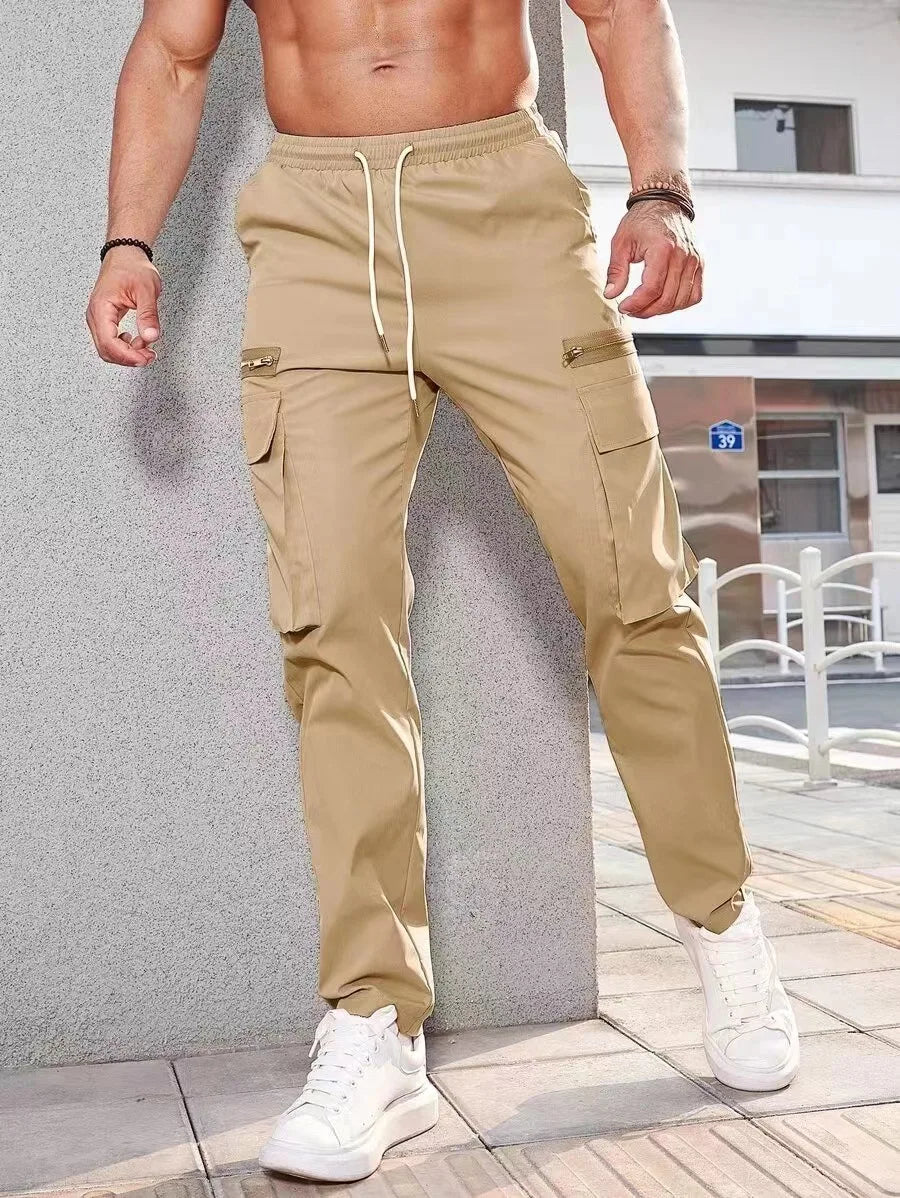 Jogger Casual Sports Zipper Decorated Cargo Pants Waist Pull Rope Men's Plus-size Braided Solid Color Zipper Cargo Pants