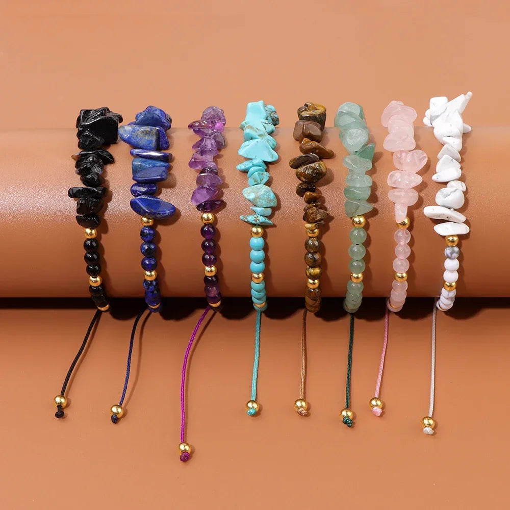 Hot Irregular Green Aventurines Gravel Bracelets Natural Stone Amethysts Bracelets Women Adjustable  Rope Braided Bracelets Gift