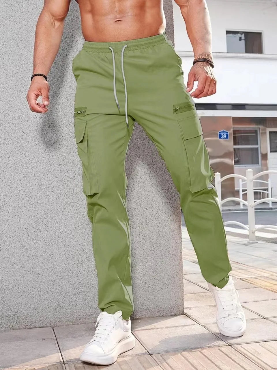 Jogger Casual Sports Zipper Decorated Cargo Pants Waist Pull Rope Men's Plus-size Braided Solid Color Zipper Cargo Pants