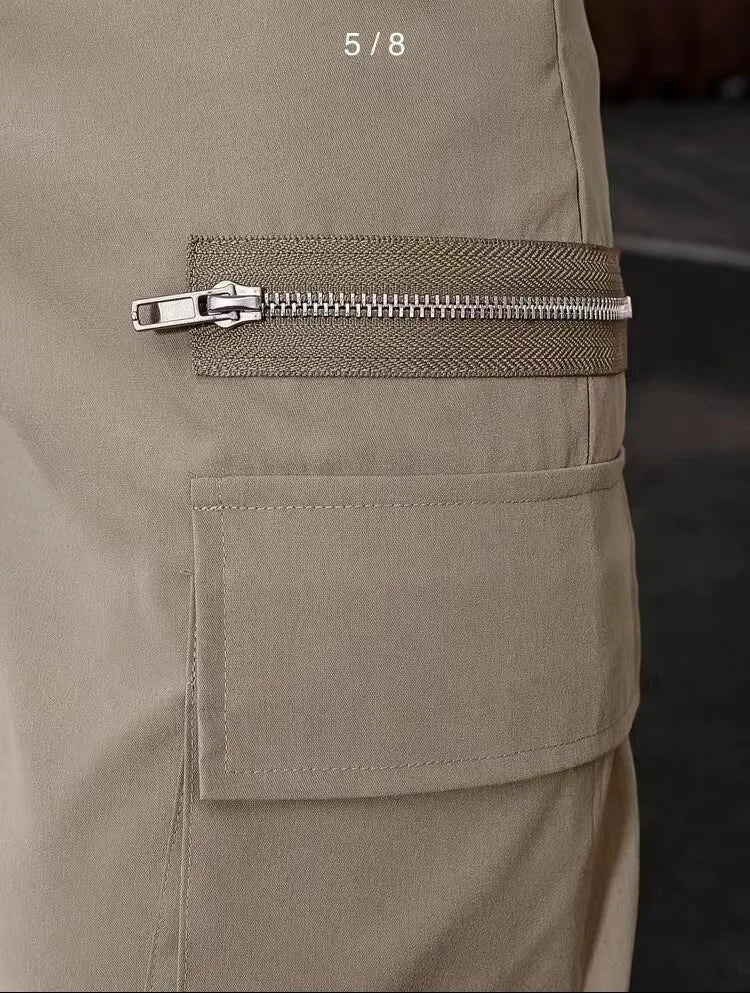 Jogger Casual Sports Zipper Decorated Cargo Pants Waist Pull Rope Men's Plus-size Braided Solid Color Zipper Cargo Pants
