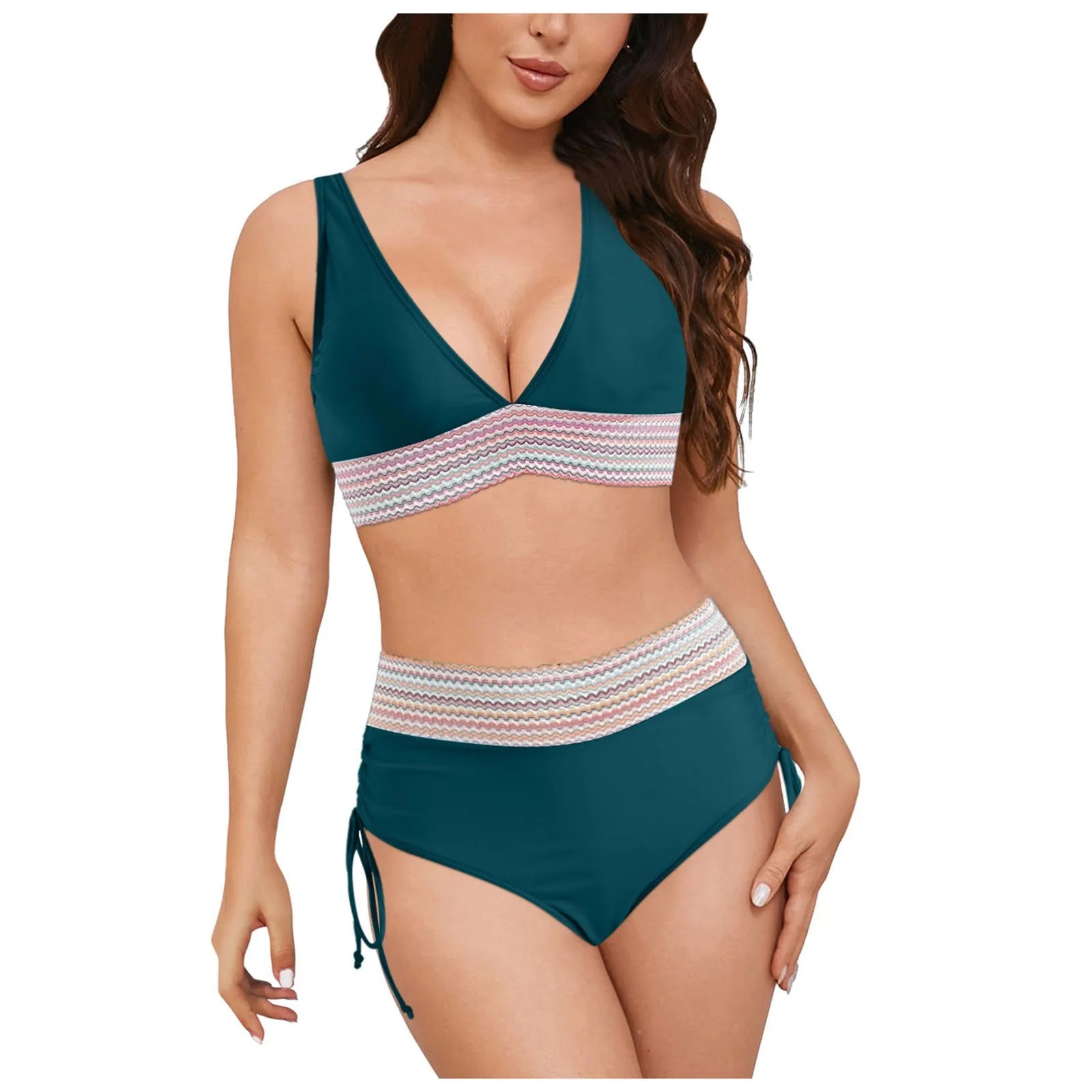 Swimwear Plus Size Women Women High Waisted Bikini Sets Swimsuits Color Block Two Piece Drawstring купальники жіночий 2025